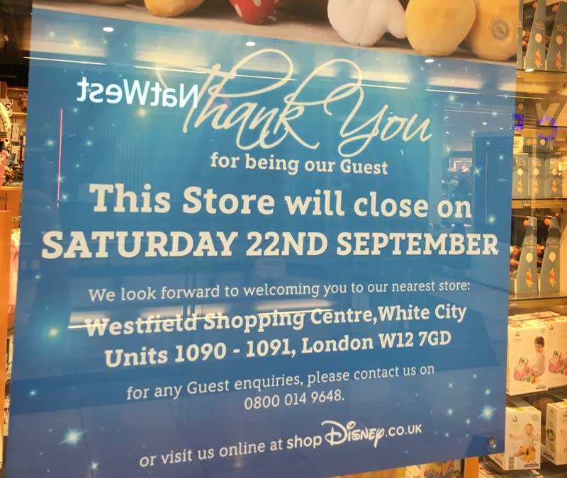 Disney Store Closing Sign